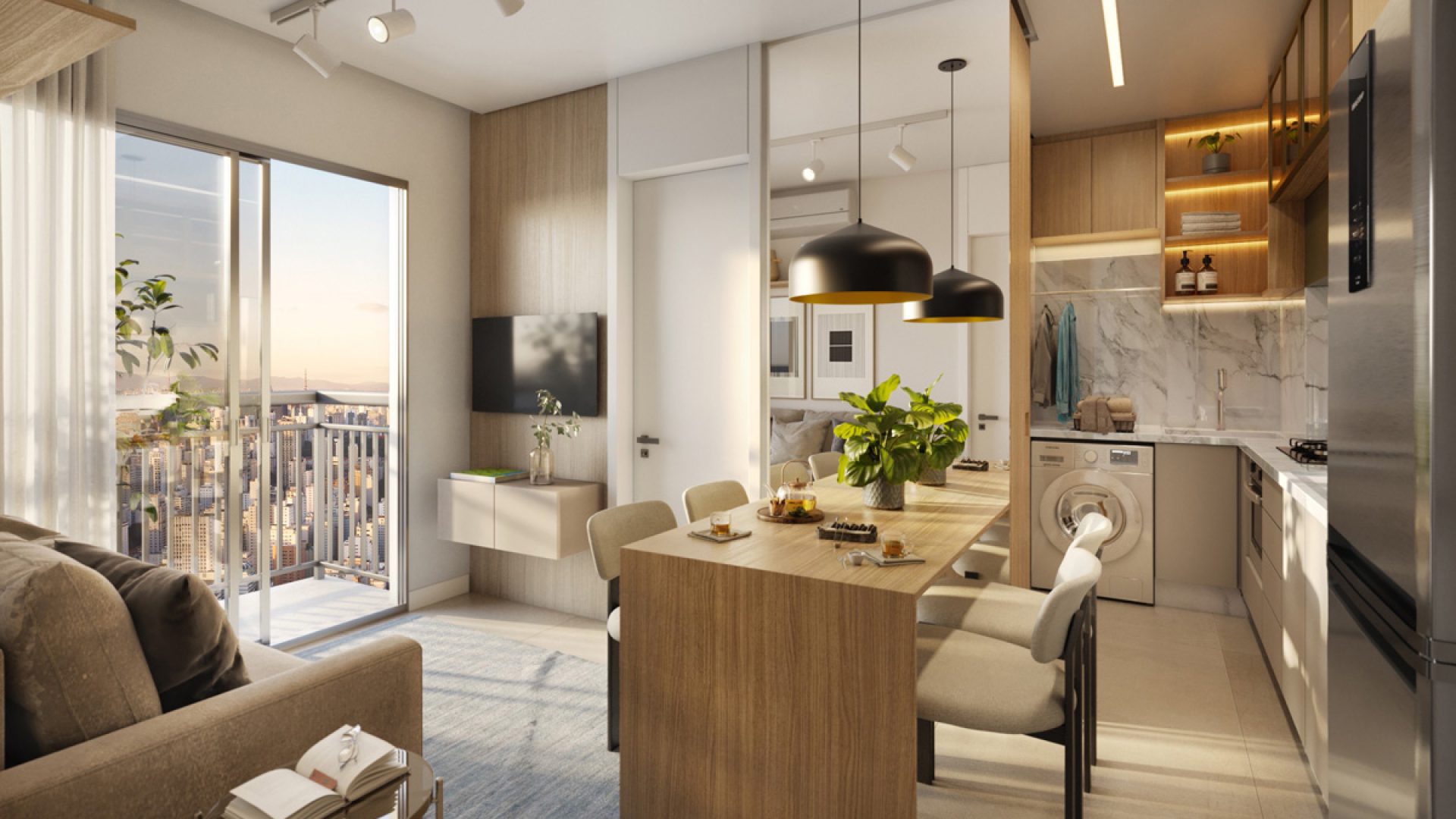 22 - PERSPECTIVA ILUSTRADA DO LIVING DO APTO. DECORADO DE 2 DORMS COM 34 M²