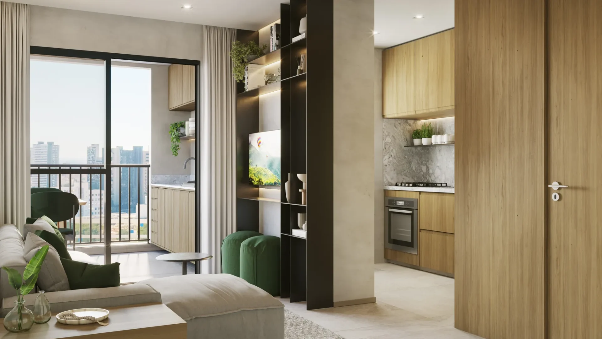 Living do apto. tipo de 66 m² com 3 dormitórios