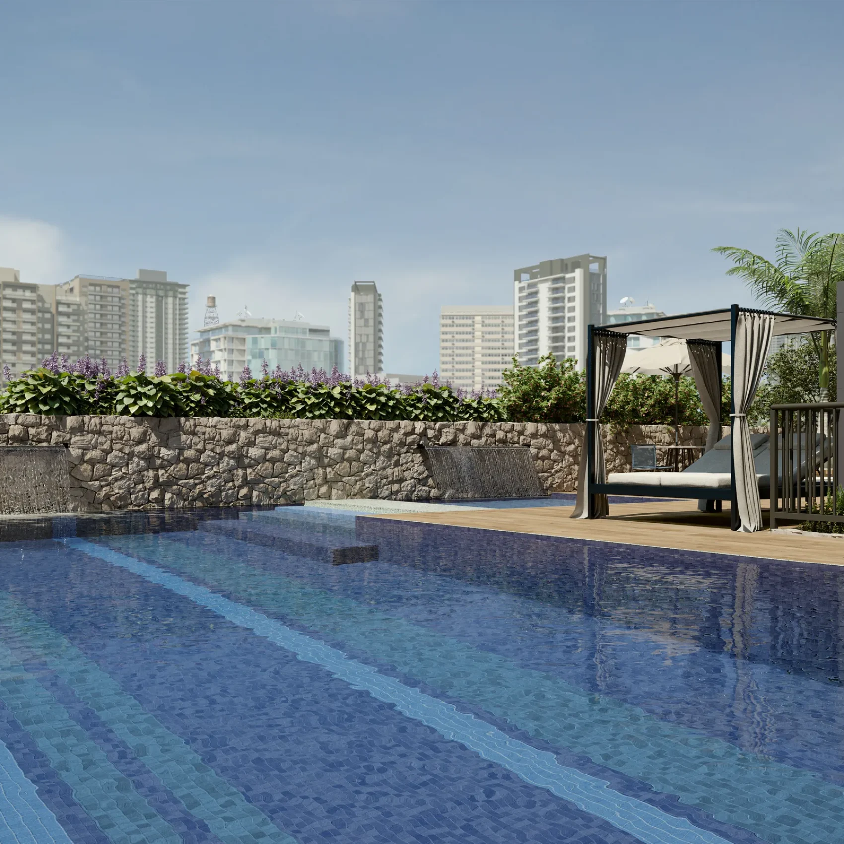 Piscina adulto com deck molhado e bar da piscina